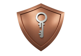 Isolated Copper-colored shield with silver key in center, protection concept, security badge