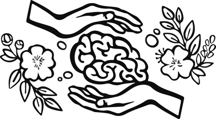 Mental health care hands protecting brain outline, wellness mind protection concept, psychology support illustration, stress prevention, healthcare safety and mindfulness therapy design vector