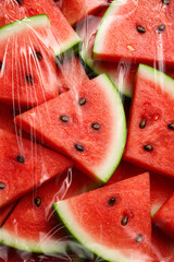 Fresh juicy watermelon slices wrapped in transparent plastic packaging