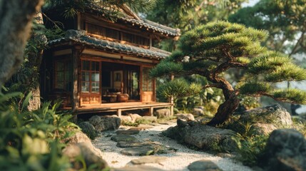 Fototapeta premium Japanese zen garden with a traditional house and bonsai tree in nature