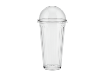 Isolated beverage container cup, clear tall ribbed disposable drinkware with dome lid on neutral