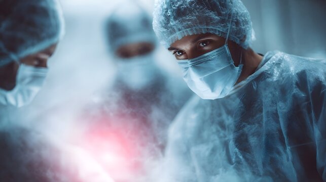 A focused surgeon wearing a mask and cap during a critical medical procedure in an operating room