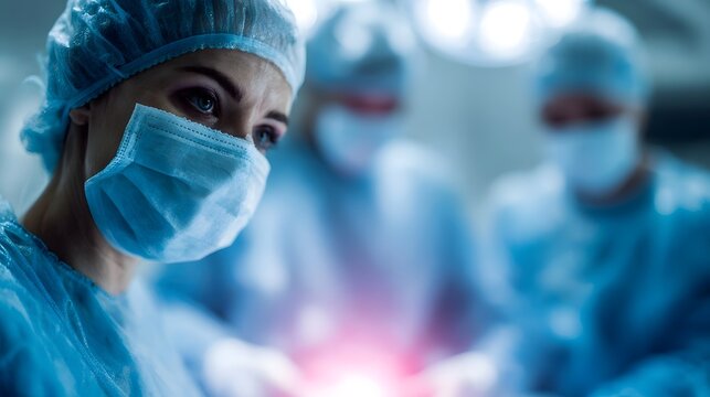 A focused surgical team works intently in a brightly lit operating room highlighting their professional dedication to patient care - Powered by Adobe
