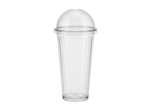 Isolated beverage container cup, clear tall ribbed disposable drinkware with dome lid on neutral