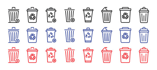 Collection of various trash can and recycling bin icons in black, blue, and red outlines, isolated on transparent background