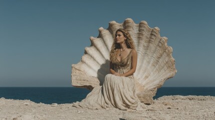 Elegant woman in a golden dress seated in a giant seashell by the sea