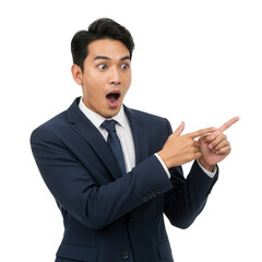 Surprised businessman pointing with both hands isolated on transparent background