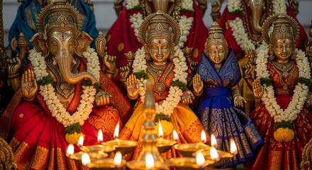 Fototapeta premium Traditional brass idols wrapped in silk cloth and garlands, diya-light illuminating face of deity.