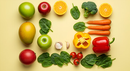 Colorful fruits and vegetables arranged on a yellow surface create a vibrant display