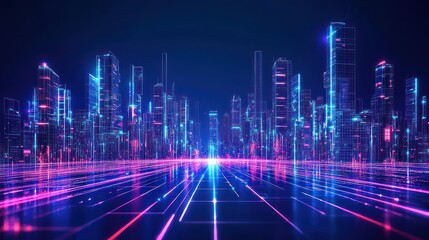 Futuristic cityscape with glowing, digital pathways