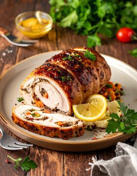 Roasted stuffed chicken roll served on a plate