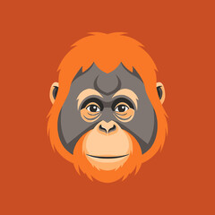 A stylized, cartoon-like illustration of an orangutan's face, centered against an orange background.