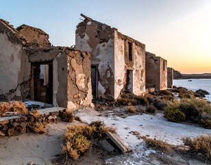 Ruined buildings at sunset over a salt flat