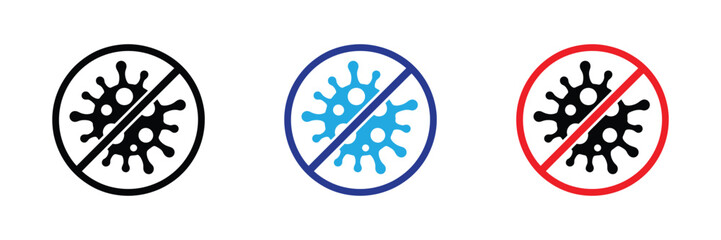 Set of three icons representing prohibition of virus, isolated on transparent background