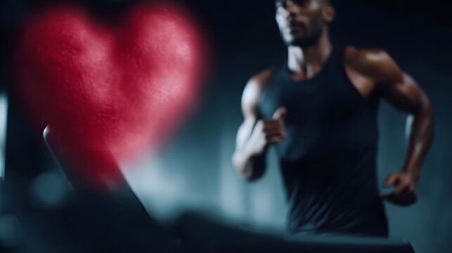 Man running on treadmill with red heart graphic symbolizing cardiovascular health and fitness