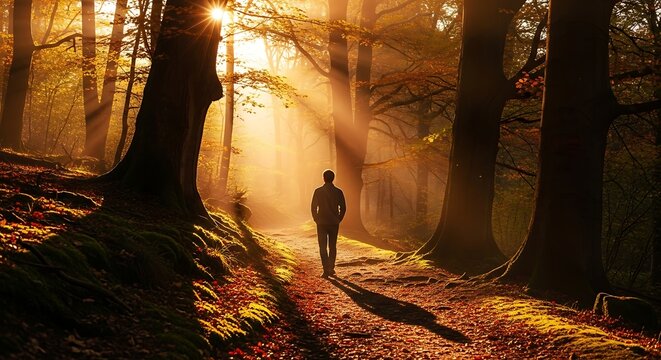 A lone figure walks down a sunlit path through a golden autumn forest as sunbeams filter through the trees.