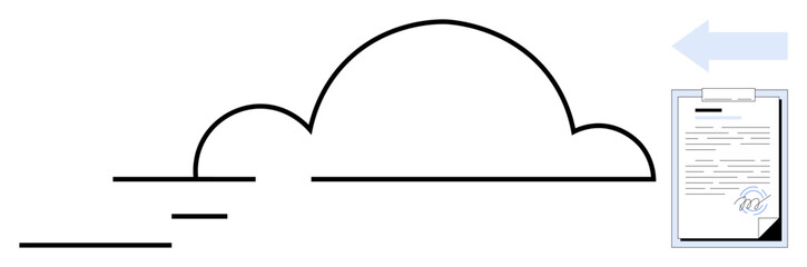 Cloud outline with transfer lines and an arrow pointing to a signed document. Ideal for cloud storage, digital signature, file transfer, technology, business, security, efficiency. A flat simple