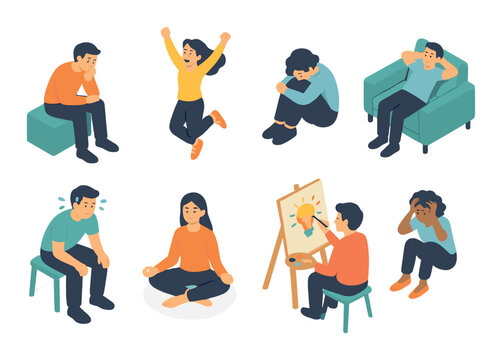 Diverse group expressing various emotions and activities in colorful illustrations
