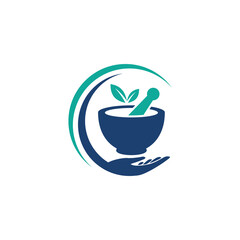 A stylized logo depicting a mortar and pestle, held by a hand, with leaves.