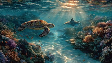 Obraz premium A majestic sea turtle and a great white shark peacefully coexist in a vibrant, sunlit coral reef ecosystem, showcasing the beauty of marine life