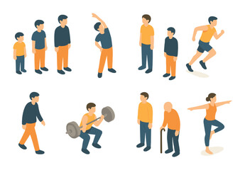 Asian adults engaging in fitness activities: running, lifting, stretching, and walking