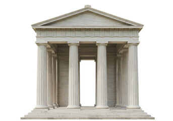 Isolated Classical Greek temple, Doric style portico in beige travertine stone, no background © PICSPRO