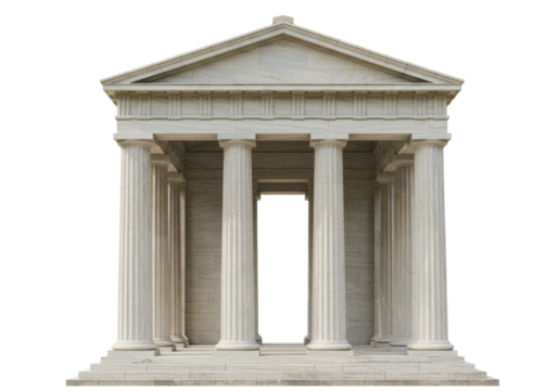 Isolated Classical Greek temple, Doric style portico in beige travertine stone, no background