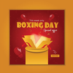 boxing day sale social media post design with opened gift box. free stock illustration for greeting card, ad, promotion, poster, flier, blog, article, social media, marketing