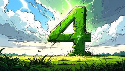 Cartoonish green number four on a grassy plain with dramatic sky and lightning