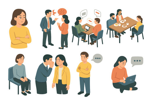 Young asian female experiencing various social interactions and emotions in multiple scenarios