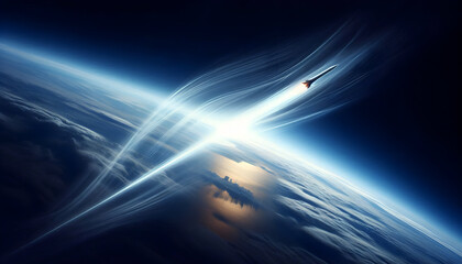 A Rocket Racing Into Deep Space from the Earth's Horizon with a Streaking Plume