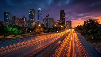 Obraz premium Dynamic cityscape at dusk with vibrant streaks of light from passing cars, modern urban architecture illuminated by stunning sunset colors