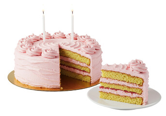 Isolated birthday cake, a slice on plate. Candlelit celebration, a festive occasion