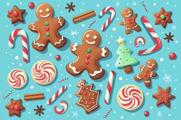 Naklejka premium Seamless cartoon Christmas cookies and candy pattern on blue background