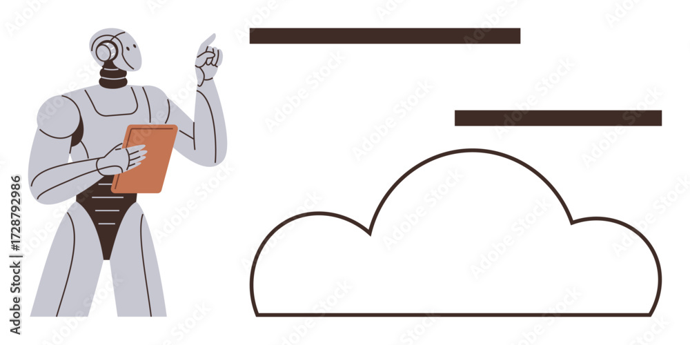 Wall mural robot holding a tablet, gesturing towards abstract cloud interface representing ai-driven technology