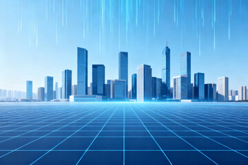 Futuristic city skyline with digital grid and glowing blue light effects