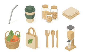Eco-friendly lifestyle: reusable containers, cutlery, cups, and sustainable basket