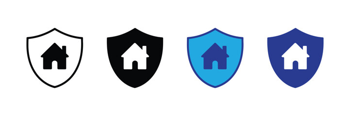 Collection of four shield icons with house symbol inside, isolated on transparent background