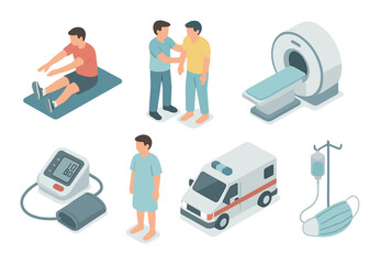 Medical illustration: diverse male figures engaged in health activities and equipment