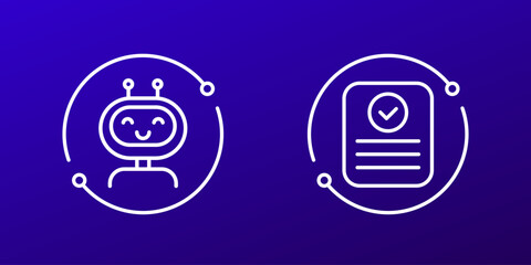 AI agent icons with robot and completed task, line design