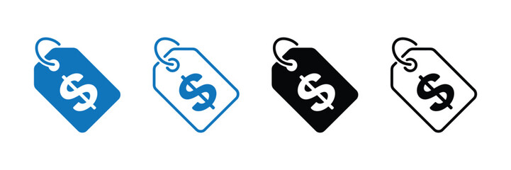 Four price tag icons with dollar signs in blue and black, isolated on transparent background