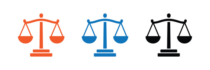 Three scales of justice icons in orange, blue, and black isolated on transparent background