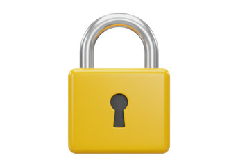 Isolated yellow padlock stands upright with shiny silver shackle for enhanced security