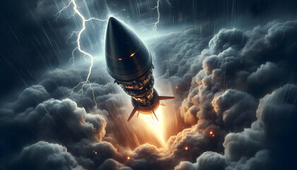 A Missile Blasting Off Through a Violent Thunderstorm Sky Amidst Crashing Lightning