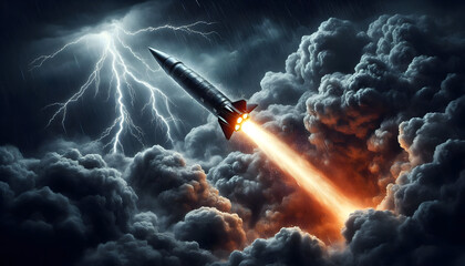 A Missile Blasting Off Through a Violent Thunderstorm Sky Amidst Crashing Lightning