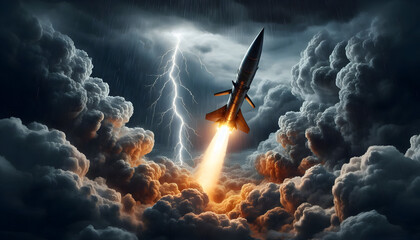 A Missile Blasting Off Through a Violent Thunderstorm Sky Amidst Crashing Lightning