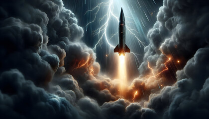 A Missile Blasting Off Through a Violent Thunderstorm Sky Amidst Crashing Lightning