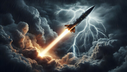 A Missile Blasting Off Through a Violent Thunderstorm Sky Amidst Crashing Lightning