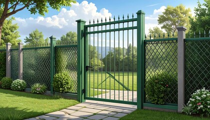 A green metal gate in a garden setting