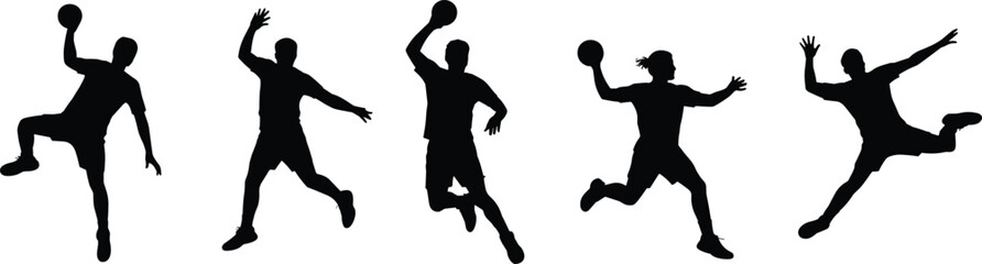  Basketball player silhouettes in dynamic action poses, slam dunk jump shots, sports teamwork illustration, athletic fitness movement vector isolated on white background